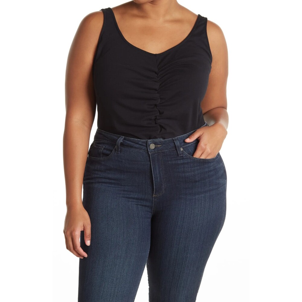 Melrose And Market Bodysuit Size 1X Plus Tank Front Ruched Solid Black NWT B84